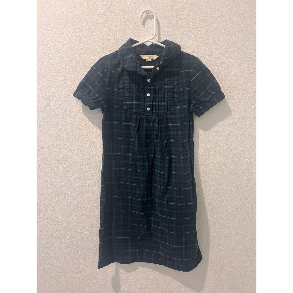 Lands End Kids Blue Green Plaid Pintuck Bib Peter Pan Collar Dress Size‎ 7